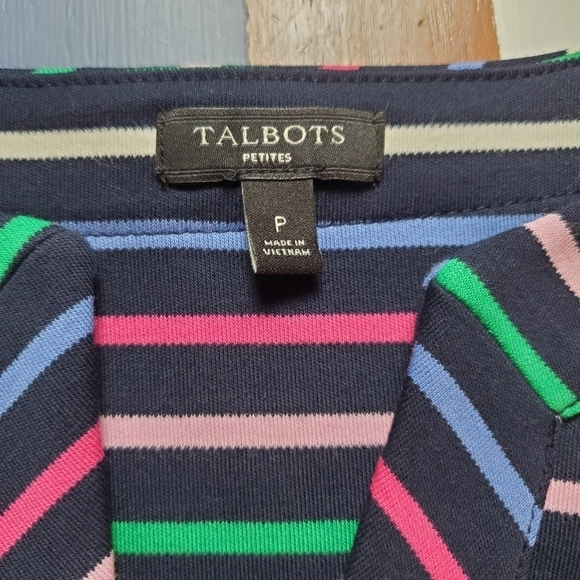 Talbots dress Womens P XS Stripes Colorful Blue Bow Neck Stretchy Shift - Picture 4 of 13